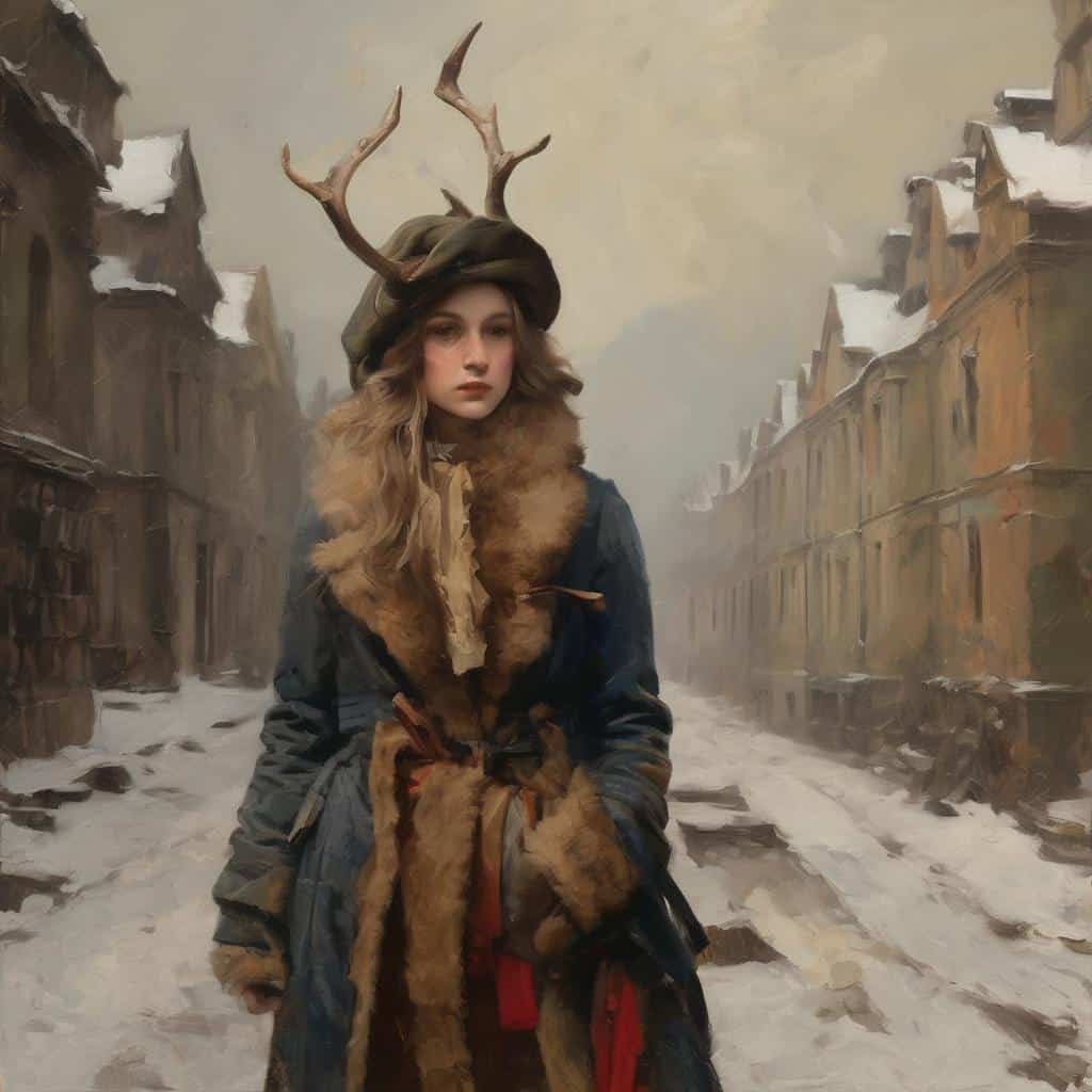 Αντήχηση του βλέμματος σε έργο τέχνης, νεαρή γυναίκα με κέρατα στολισμένη σε χειμερινή πόλη.