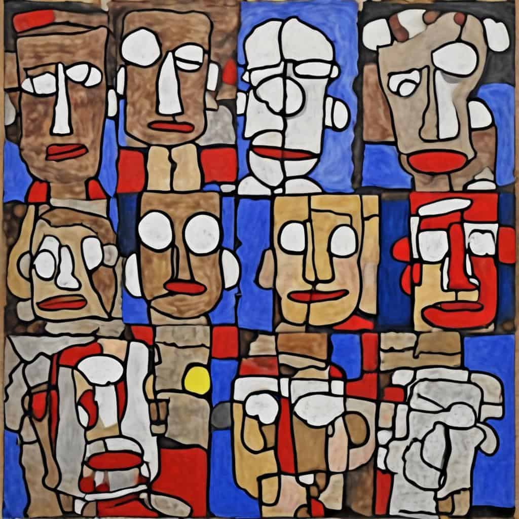 Πρόσωπα σε αφηρημένο στυλ με εκφραστικά μάτια και χρώματα, εξερευνώντας την Αντήχηση του Βλέμματος στο Έργο τέχνης.