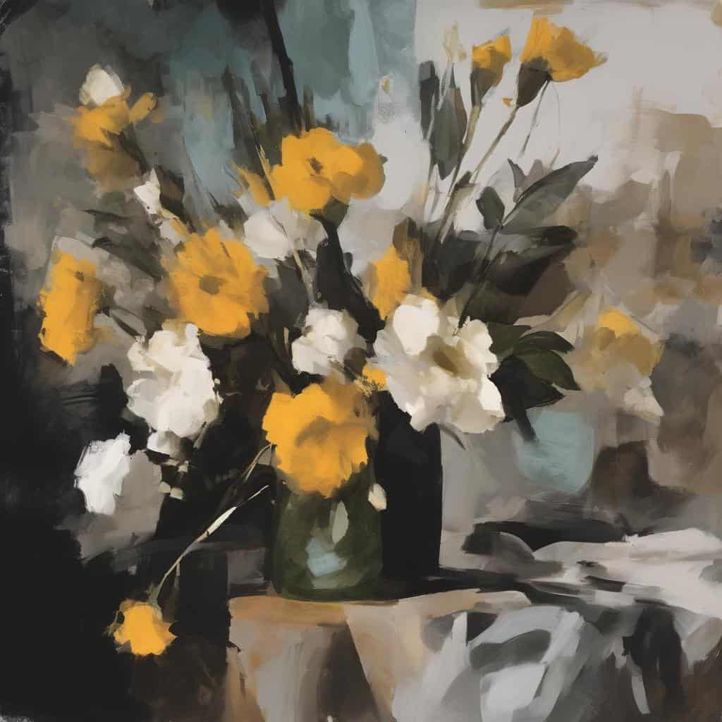 Άσπρα και κίτρινα λουλούδια σε βάζο με εντυπωσιακή καλλιτεχνική πινελιά, απεικόνιση στο έργο «Η Αντήχηση του Βλέμματος».