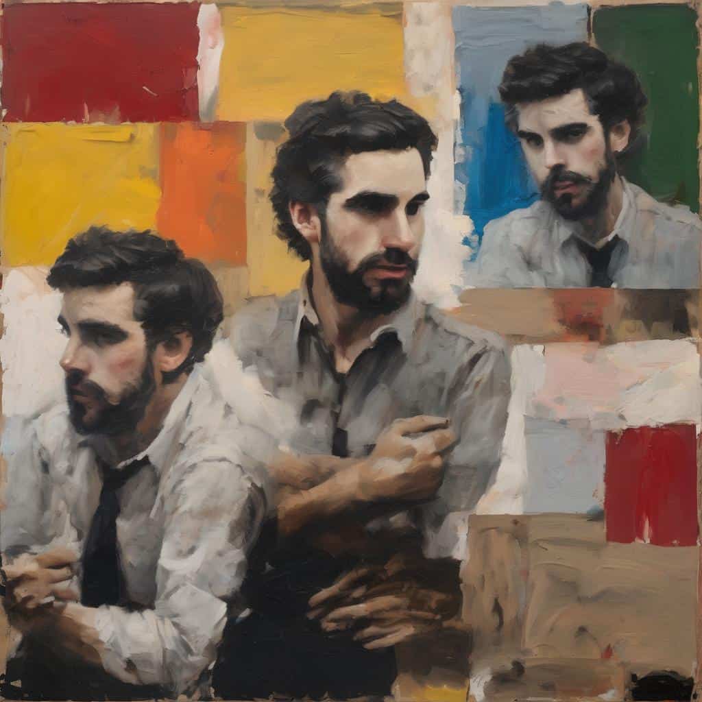 Άνδρας πορτρέτο με πολλαπλές εκδοχές, έντονα χρώματα και σύγχρονη τέχνη, εξέχουσα σύνθεση.