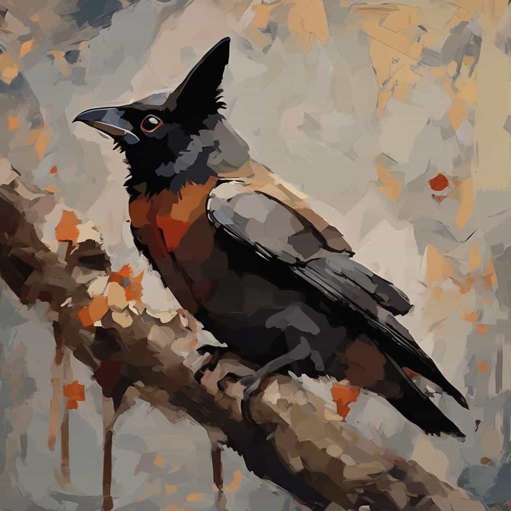 Black-capped bird on tree branch, vivid digital painting.